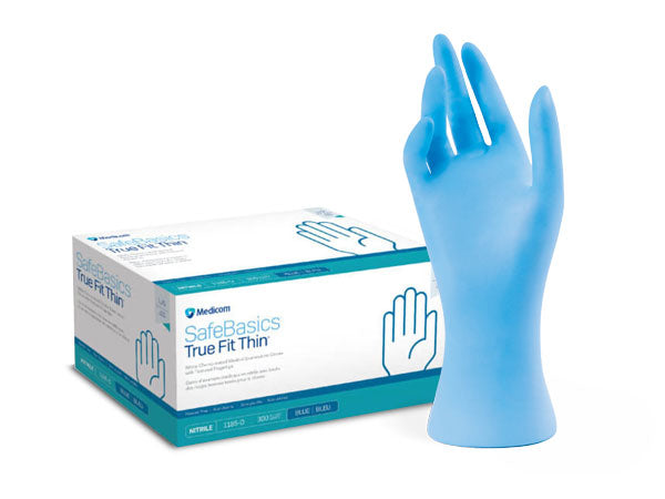 Load image into Gallery viewer, Medicom SafeBasics True Fit Thin Nitrile Gloves 300-pack and the glove example
